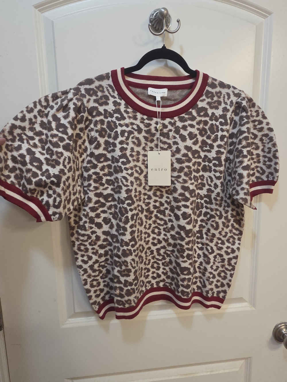 Entro Leopard Print Puff Sleeve Knit Top Ecru Brown Red Trim XL
